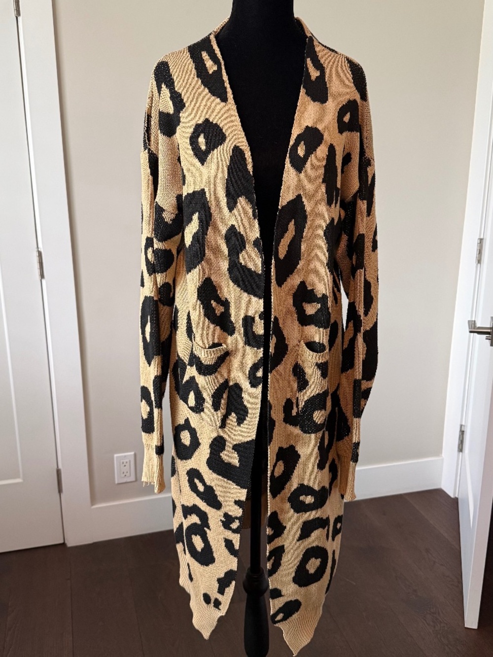 Vestidos Leopard Print Long Cardigan Sweater Tan Black XL Pockets
